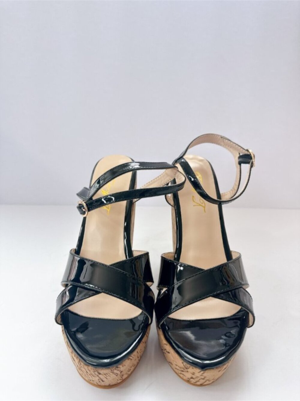 Womens Size 8 Black Patent Wedge Sandals Cork Platform Ankle Strap Heels FOWT